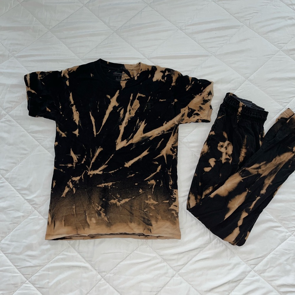 Black Champion T-Shirt and Sweatpants, Bleach Tie Dyed, Set in Small